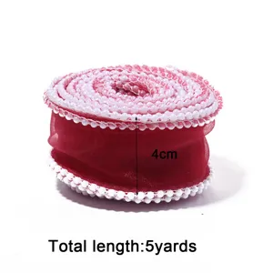 Red Organza Ribbon with Pearl Edging 4cm Wide 5 Yards Long for Gift Wrapping and Crafting
