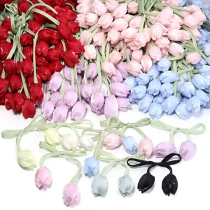 Bouton de Fleur de Tulipe en Ruban de Satin Fait à la Main Ornement de Strass Accessoires de Couture pour Élastiques Cheveux Chaussures Sacs