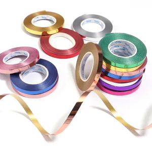 Colorful metallic laser ribbon rolls for gift wrapping, balloon tying, and party wedding decor.