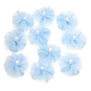 Hellblaue Netz Plissee Blumen Applikationen mit Perle für DIY Handwerk Haarschmuck Accessoires.