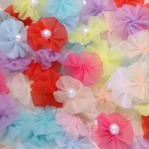 Bunte Mesh Stoffblumen mit Perle fur DIY Haarnadeln, Kleidung und Taschen Accessoires.