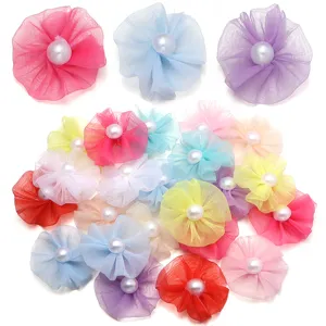 Bunte Mesh Plissee Stoff Blumen Accessoires mit Perlen für DIY Handwerk und Haarnadel Zubehör.
