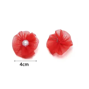 Rote Netzstoff Blumen Haarklammer Zubehör DIY Bastelmaterial mit Perle Mitte Größe 4cm