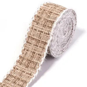 Tweed style fabric ribbon trim with white fuzzy edge for DIY crafts and clothing decoration.