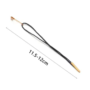 Black braided clothing hang tag rope with safety pin and metal tip for apparel accessories.
