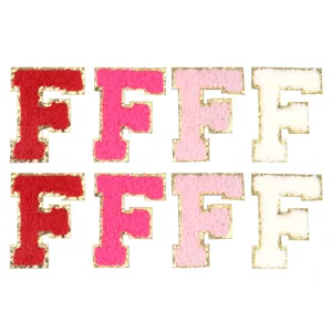 Toppe in ciniglia lettera F con bordo glitterato dorato per vestiti, cappelli, borse e custodie.