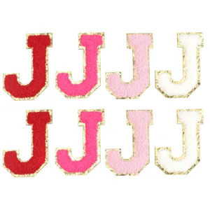 Toppe con lettera J in ciniglia e bordo glitterato dorato per abbigliamento e borse.