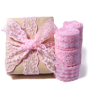 Pink lace trim ribbon roll for DIY crafts, doll clothes, apparel sewing and gift wrapping decor.