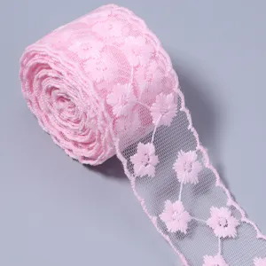 Pink lace ribbon trim detail, floral embroidery mesh fabric for DIY craft and doll clothes.