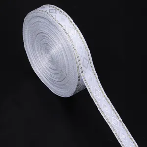Detailaufnahme eines weißen ethnischen Rauten-Jacquard-Bandes mit goldener Metallbesatzkante.