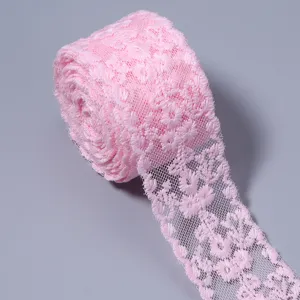 Pink floral lace trim detail, soft mesh embroidered ribbon for DIY garments and crafts.