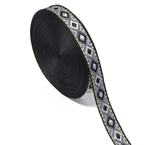 Detailaufnahme von schwarzem Metallic Jacquardband mit Silbermuster fur Kleidung und Basteln