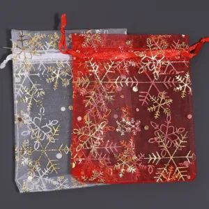 Sacchetti regalo coulisse organza fiocco neve dettaglio, busta confezione gioielli rete.