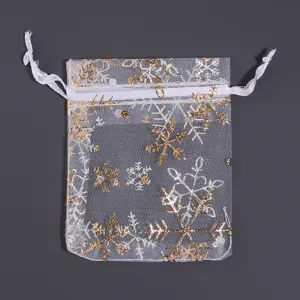 Sacchetto regalo organza bianco fiocchi neve oro argento per confezione gioielli festa