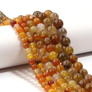 Natural cracked agate gemstone round beads for DIY jewelry making, stunning amber and orange.