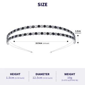 Double row rhinestone headband detail view showing 1.5cm height and 12.5cm diameter size.