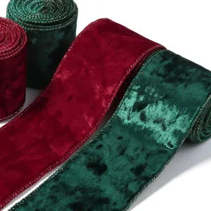 Cinta de terciopelo navideña con borde de alambre rojo verde para envolver regalos DIY costura