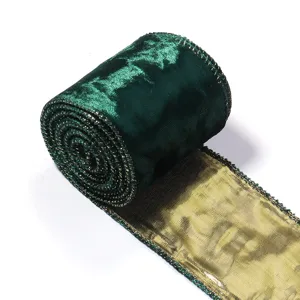Cinta de terciopelo verde oscuro con reverso dorado y borde con alambre para manualidades.