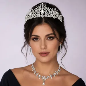 French Luxury Rhinestone Jewelry Set Bridal Wedding Crown Tiara Necklace Earrings Retro Banquet Party Headpiece For Women Jewelry