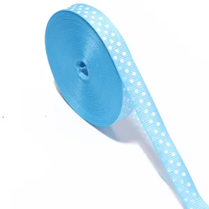 Dettaglio nastro a pois azzurro, tessuto gros grain testurizzato e forma a rotolo pulita.