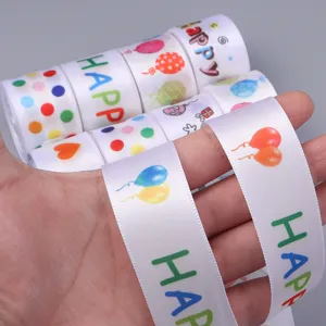 Polyester bedruckte Bänder Rollen mit bunten Ballons Muster für Geschenkverpackung Party Dekor.