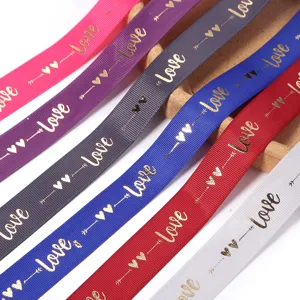 Colorful polyester ribbon gold stamped love letter printed DIY handmade bow packaging