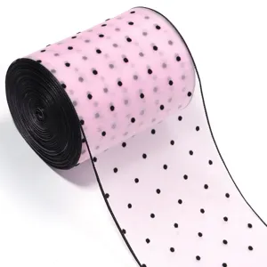 Ruban en tulle rose a pois noirs avec bord fil de fer pour decoration de couture DIY