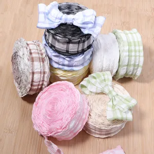 Polyester bubble plaid pleated ribbon rolls for DIY bows gift box packaging and clothing lace.