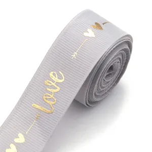 Grey polyester foil printed ribbon with love pattern for gift box packaging DIY crafts.
