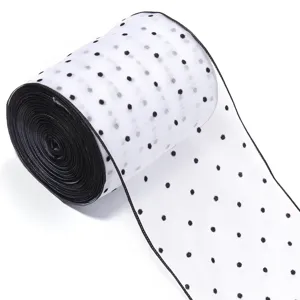 Ruban en tulle à pois blancs avec bord noir pour travaux manuels DIY, nœuds et accessoires.