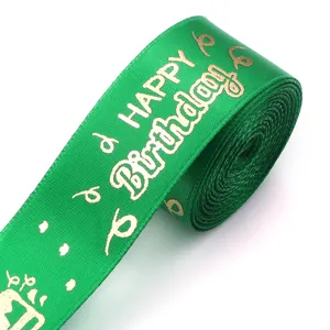 Green polyester ribbon with gold foil happy birthday print for gift and party decor.