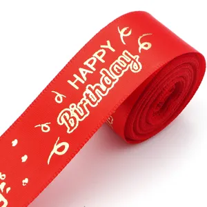 Red satin ribbon with gold foil happy birthday print for gift wrapping and party decor