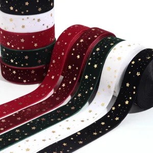 Christmas Gold Pentagram Flocked Ribbon For DIY Clothing Hair Ornaments Party Decoration Star Pattern Bronzing Crafts