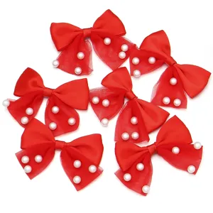 Red bow hair clip mesh pearl DIY accessories detail view for bags clothing and hats decoration