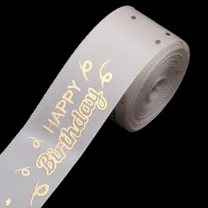 White polyester ribbon with gold foil happy birthday print for party gift box decoration.