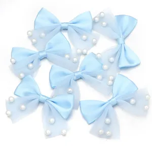 Light blue satin mesh bow DIY accessories with artificial pearls, perfect for crafts and apparel.
