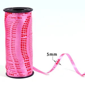 Pink ribbon with heart print 5mm for gift wrapping and party wedding decoration