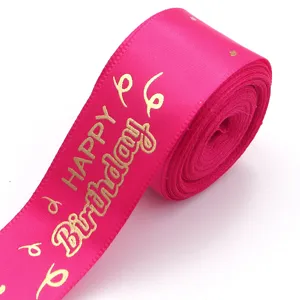Hot stamped pink birthday ribbon polyester packaging decorative gift box party craft web