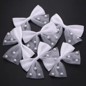 White mesh pearl bow detail, DIY hair clip and clothing accessories, elegant craft supply.
