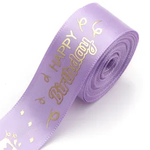 Purple Happy Birthday ribbon gold foil printed satin ribbon for gift wrapping party decor