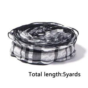 Black and white plaid pleated ribbon detail, textured bubble fabric trim for DIY crafts.