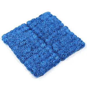 Detailed close-up view of blue artificial PE foam rose flower heads with mesh for DIY crafts.