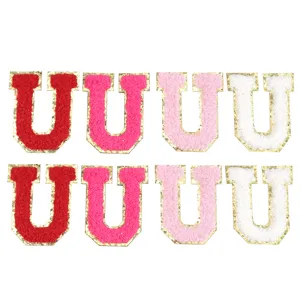 Toppe con lettera U in ciniglia con bordo glitterato dorato, accessori fai da te per vestiti.