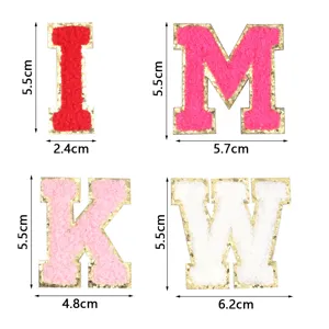 Toppe lettere ciniglia bordo glitter oro, badge ricamo alfabeto rosa DIY per vestiti.