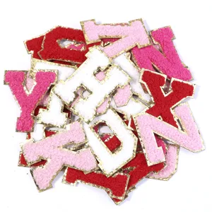 Toppe lettere ciniglia rosa bordo glitter oro ricamo alfabeto DIY decorazione per vestiti borse