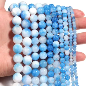 Perline rotonde in calcedonio blu bianco sfuse per la creazione di gioielli braccialetti
