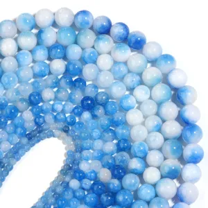 Perline di Calcedonio Blu Naturale Perline Rotonde Sfumate per Creazione Gioielli Fai da Te