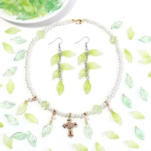 DIY pearl necklace and green leaf earrings set with cross pendant jewelry accessories