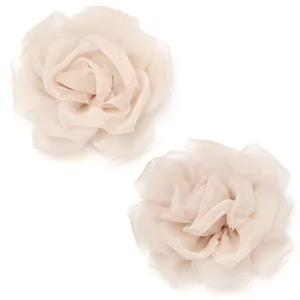 Detailed view of double layer mesh rose fabric flowers for DIY hair accessories and crafts.