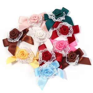Colorful ribbon rose bow with lace trim, perfect for DIY Lolita hair accessories and crafts.